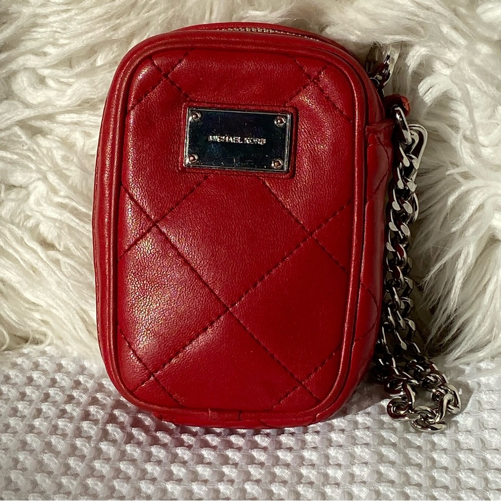 Michael Kors Red Mini Quilted mini Bag pouch wristlet with silver Chain Strap